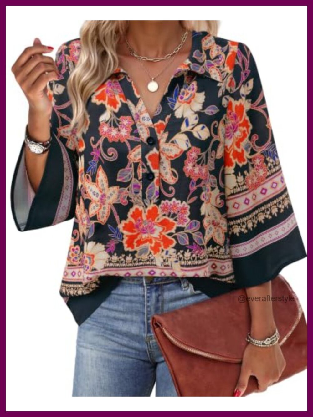 Womens 100% Rayon Button Down V Neck Blouse 3/4 Bell Sleeve Work Top